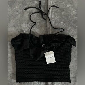 Forever 21 Black Ruffled Eyelet Halter Knit Top